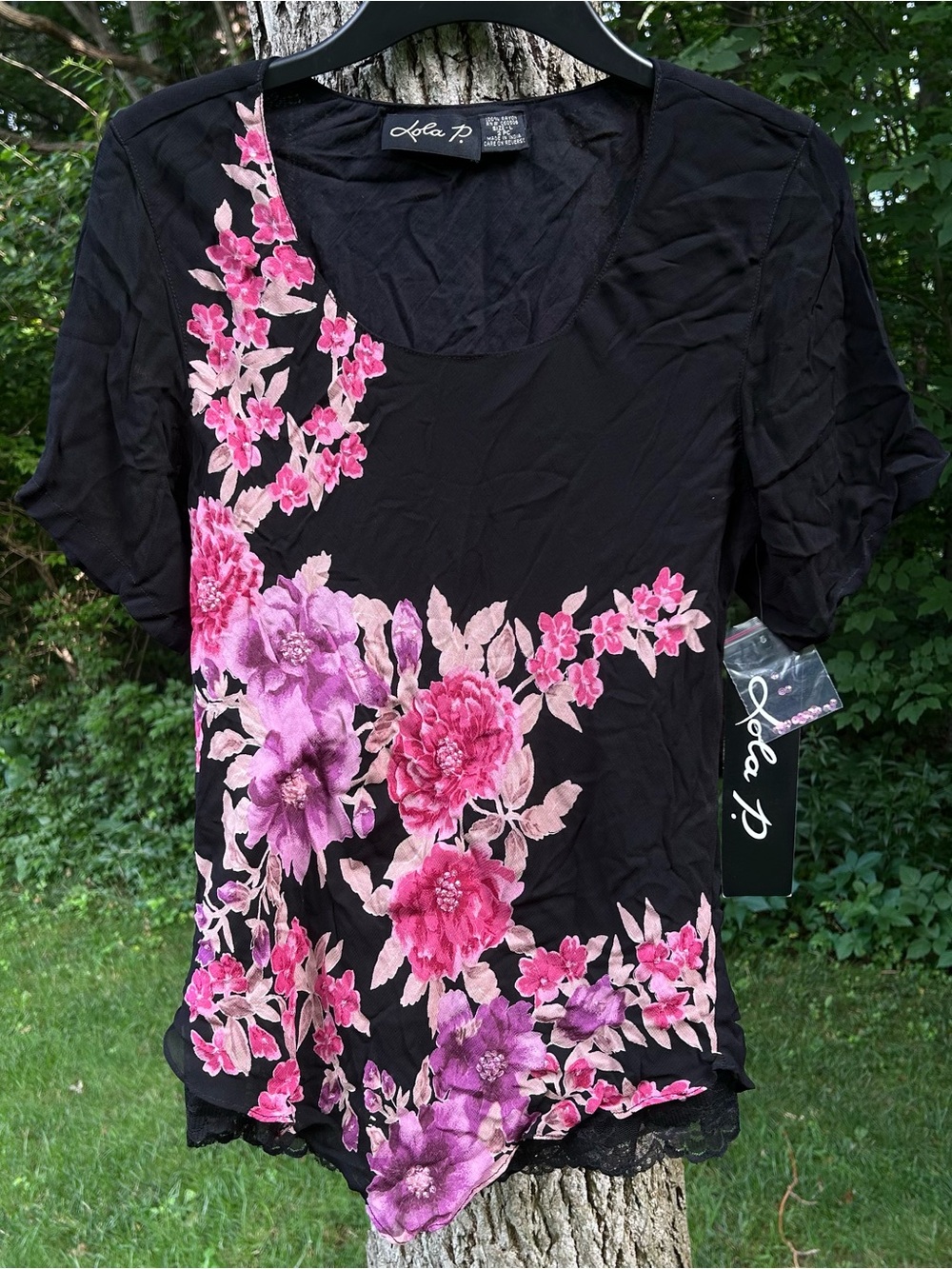 Vintage Y2K Deadstock Lola P. Black Floral Blouse with Layered Abstract Hem